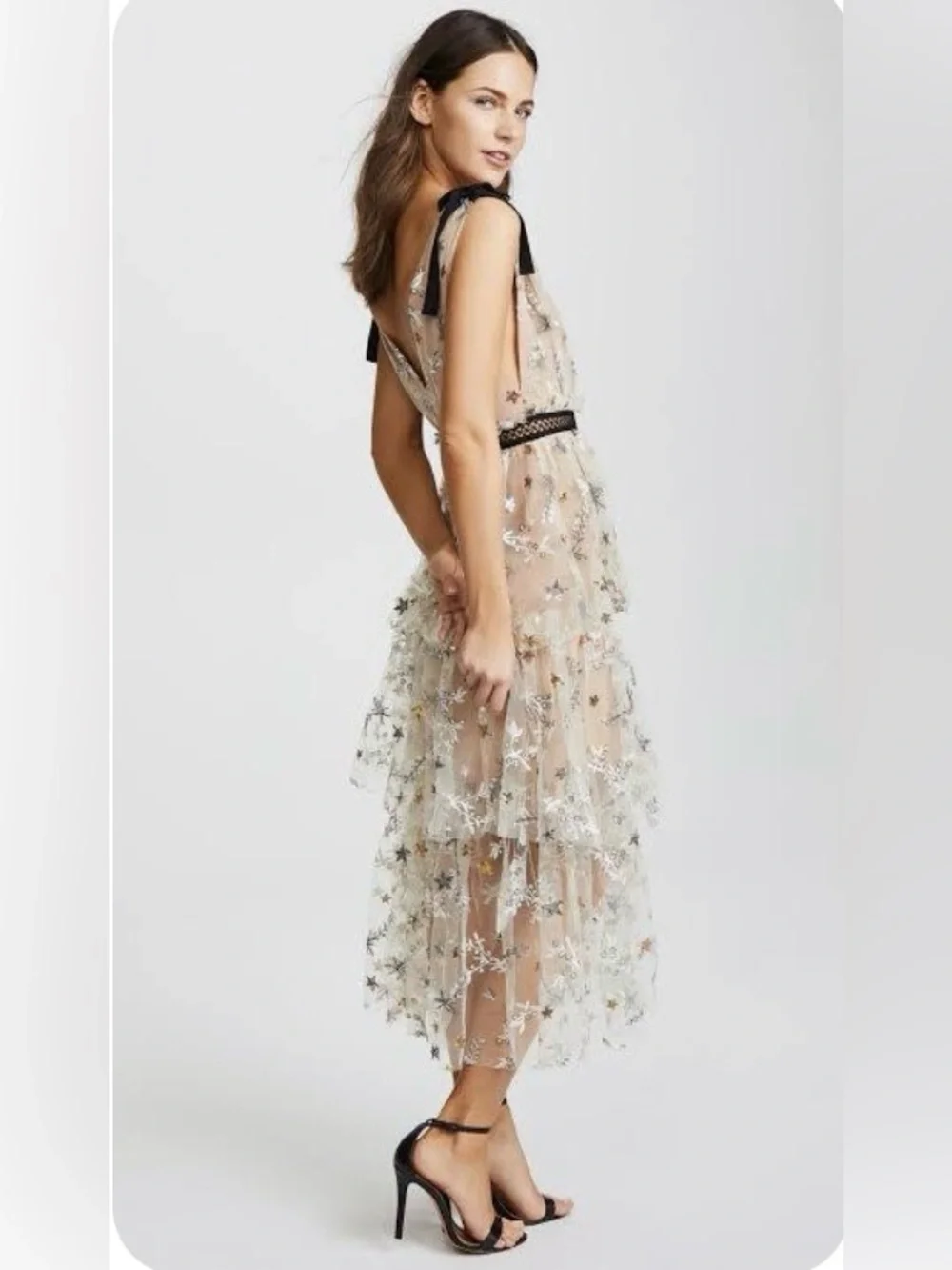 Sheer Star-Embellished Midi Dress in Nude with Black Trim 2 - Picture 3 of 16
